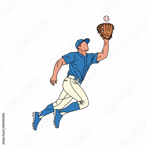 Leaping baseball player catching high fly ball