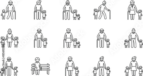 Comprehensive set of minimalist family icons featuring grandparents pregnant women newborns and diverse inclusive couples in black line art vector style