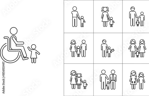 Diverse family icon collection featuring inclusive couples disabled parents elderly grandparents pregnant women and children in minimalist black line art