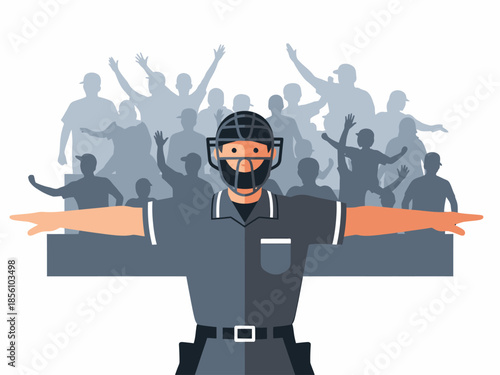 Baseball umpire making safe sign with crowd background
