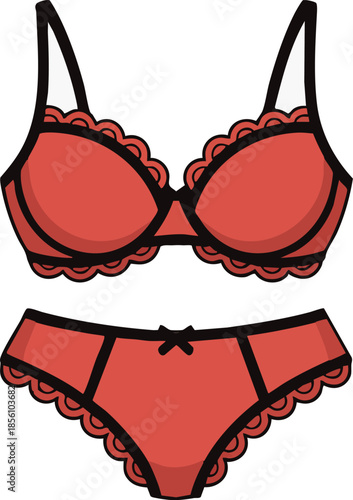 women's lingerie designs. Red and black lace bra and panties vector illustration. Female underwear fashion technical drawing