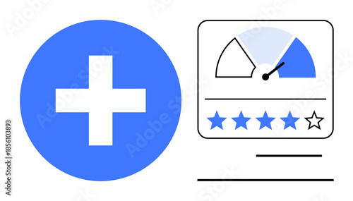 Feedback concept. Feedback symbols a blue cross, rating gauge, and stars user ratings and evaluations. Feedback improves quality, user experience, and decision-making. For reviews, healthcare