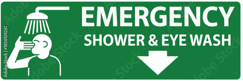 A emergency shower and eye wash station area sign vector, green and white safety illustration for workplace hazards, chemical protection, first aid, and industrial compliance design.