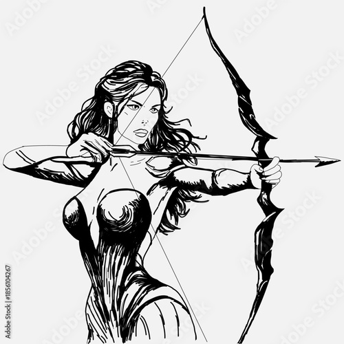 A beautiful girl in an Amazon warrior outfit aims a bow. Black and white vector illustration. Perfect for your designs in the styles of beauty, dexterity, and passion.
