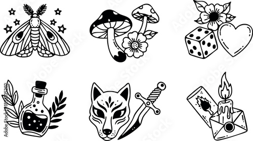 Witchcraft and mystical symbols including moth, mushrooms, heart, dice, potion, wolf head, sword, candle, and letter vector set 