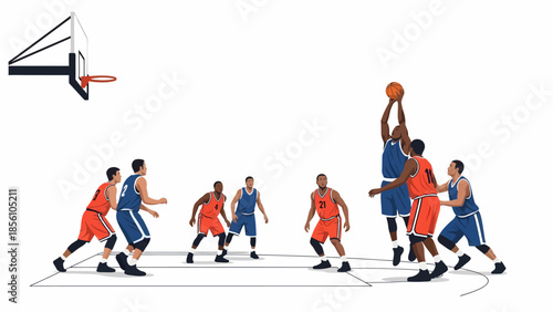 Basketball Match Action with Multiple Players and Professional Hoop