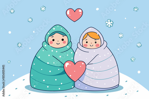 Two children in winter coats with hearts