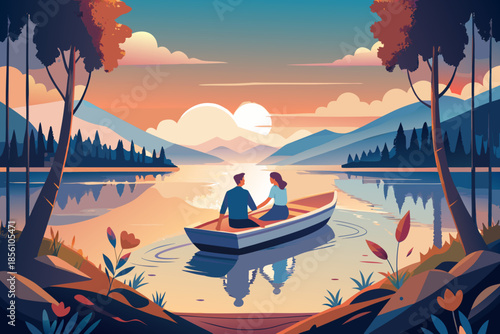 Couple rowing boat at sunset