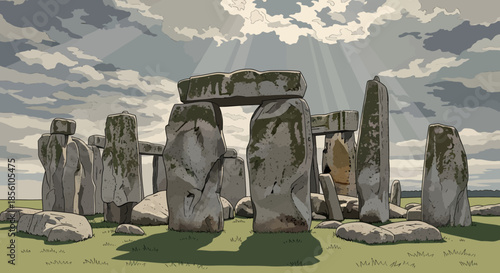 An artistic illustration of the ancient Stonehenge monument under a cloudy sky with sun rays shining through.