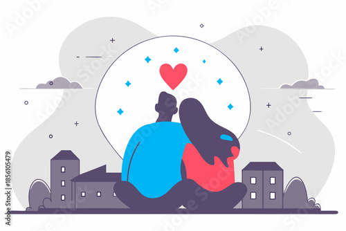 Couple embracing under heart and cityscape