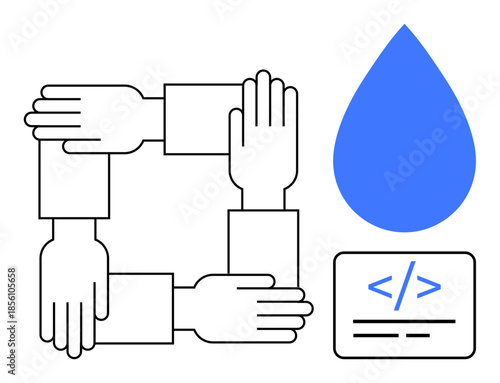 Teamwork, sustainability, coding, innovation, software development, problem-solving. Linked hands, blue drop and a code symbol. Teamwork and coding concepts with a focus on software development