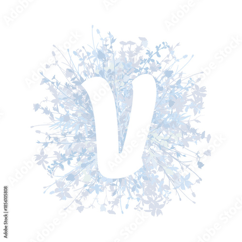 Easter, spring family floral monogram in pastel colors. White letter V on white background