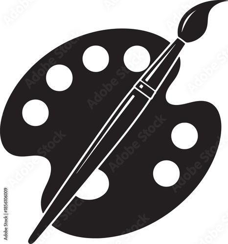 A black silhouette of an artist's paint palette with circular wells for colors and a paintbrush resting diagonally across it, representing creativity and also transparent background