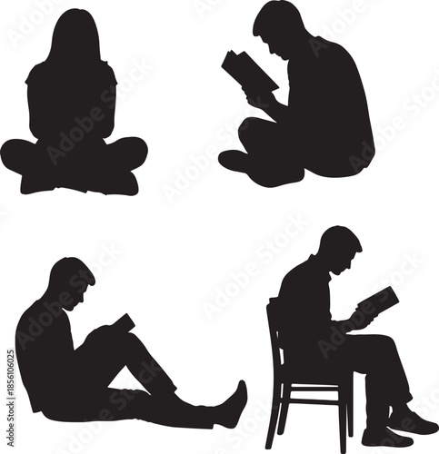 Four black silhouette of individuals sitting in various relaxed postures while reading books, conveying education, leisure, and quiet contemplation also transparent background