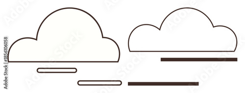 Two outlined clouds paired with horizontal lines evoke motion or atmospheric conditions. Ideal for weather, nature, technology, minimalism, environment, forecasting, and abstract art. A simple flat