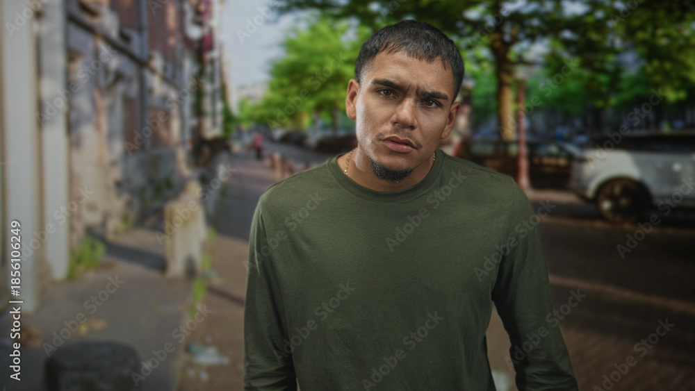 Fototapeta premium Man with visible face leaning slightly forward and looking at camera on a tree lined street with parked cars and brick buildings; urban solitude contemplation.