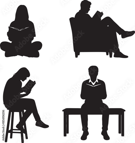A set of four distinct black silhouette figures engaged in the act of reading books in various seated positions on chairs stools and benches showcasing intellectual also transparent background