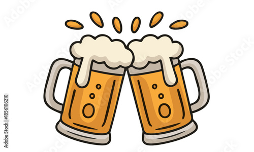 Glass or ceramic mugs filled of golden light beer with overflowing froth heads. Isolated on white background, for brewery emblem or beer party design