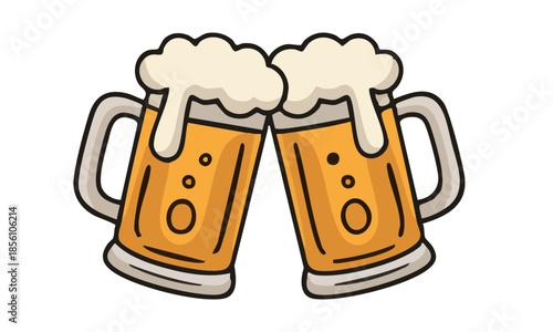 Glass or ceramic mugs filled of golden light beer with overflowing froth heads. Isolated on white background, for brewery emblem or beer party design