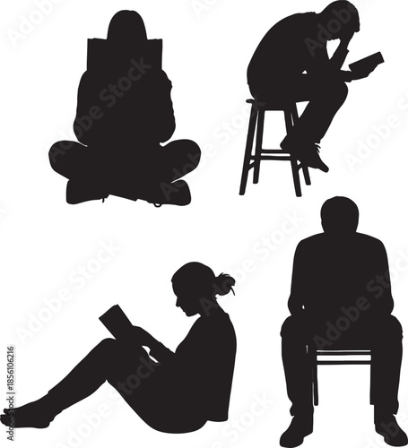A collection of four diverse black silhouette figures engrossed in reading books in relaxed seated positions on the floor and chairs suggesting quiet contemplation also transparent background