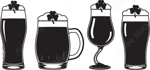 Four black silhouette glasses of beer with frothy heads and shamrock garnishes on a white background representing St Patricks Day celebration drinks also transparent background