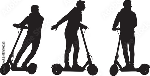 Three black silhouette figures of people riding electric scooters in dynamic poses on a white background representing modern urban transportation and active lifestyle also transparent background