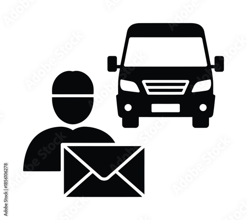 Vector icon shows delivery man with vehicle carrying mail