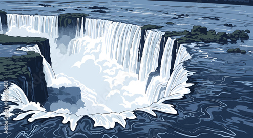 A dramatic, stylized illustration of a massive horseshoe waterfall, with powerful torrents of water crashing down into a misty abyss.