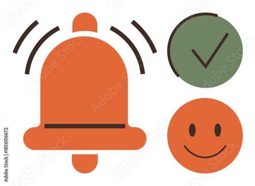 Orange bell with ringing lines, green checkmark in circle, and orange happy face. Ideal for communication, notification, alert, success, positivity achievement productivity. Simple flat metaphor