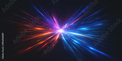 Abstract space design: A bright blue explosion of light with glowing stars and cosmic energy on a black background