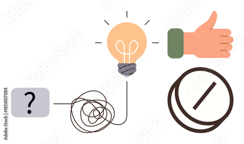 Question mark links to tangled line, illuminating light bulb, hand giving thumbs-up, and circle sign. Ideal for problem-solving, creativity, innovation, success, solutions clarity simple flat