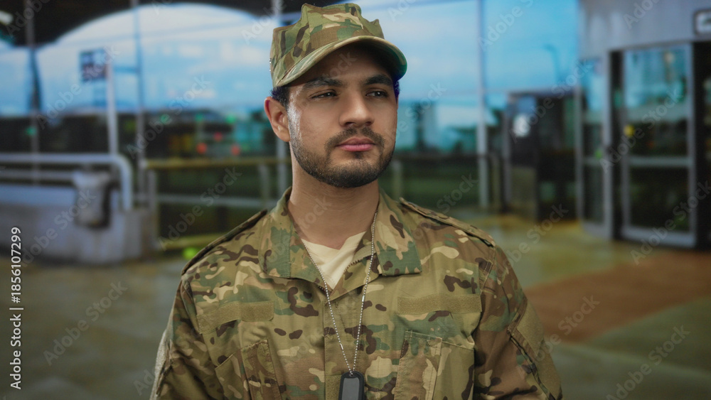 Fototapeta premium Man in camouflage uniform wearing dog tags checks watch at airport terminal outdoors by glass facade; duty.