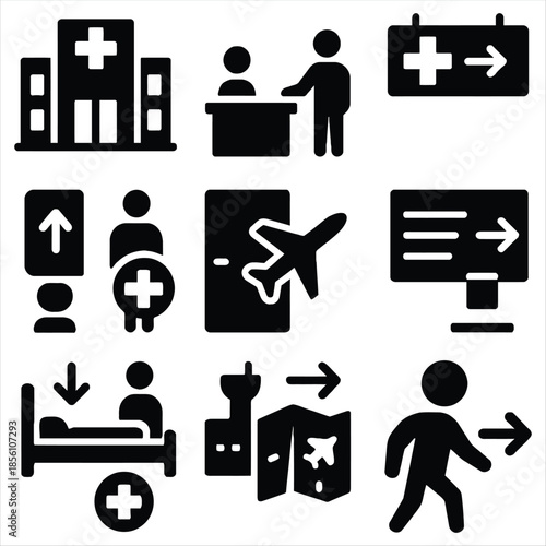 Healthcare and Travel Icons Set Keywords: hospital, clinic, medical, health, travel, airplane