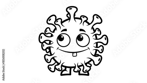 Friendly Microbe: A cartoon depiction of a virus, radiating amiability with a playful smile, inviting engagement while raising awareness about microscopic world.