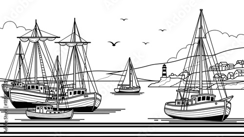 Coastal Serenity: A fleet of sailboats gracefully navigates calm waters, guided by the serene glow of a distant lighthouse under a peaceful sky.