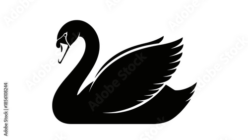 Elegant Swan Silhouette: An elegant swan glides gracefully, its sleek black form creating a striking silhouette against the serene. 