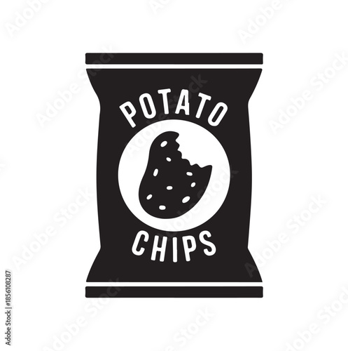 Potato chips snack bag silhouette with bitten chip icon isolated on white