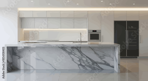 A sleek and modern minimalist kitchen featuring a large marble island, white cabinets, and integrated appliances under soft lighting.