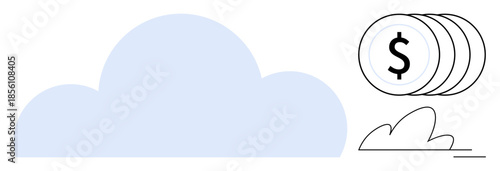 Digital economy, financial technology, investment growth, cloud storage, online banking, currency exchange. Illustration of a cloud with stacked coins. Digital economy and financial technology are