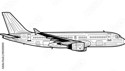 Aviation Symphony: A detailed monochrome illustration of a commercial airplane, poised for flight. This artwork offers a captivating glimpse into the world of air transport.
