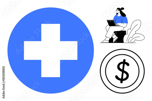 Healthcare access concept. Healthcare symbols medical services online. Healthcare related financial planning benefits virtual consultations. Useful for telemedicine, finance, apps, health services