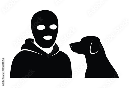 Black vector illustration of masked man and dog