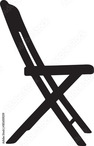 Black silhouette of a folding chair in a side profile view on a white background