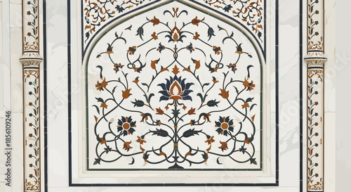 A close-up of intricate pietra dura floral inlay on a white marble wall, showcasing Mughal architectural detail.