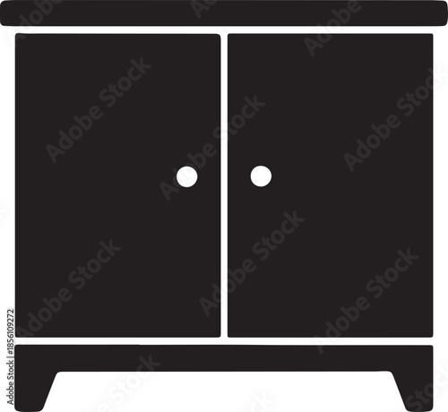 Black silhouette of a two-door cabinet with two white circular handles on a white background