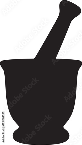 A Black Silhouette of a Mortar and Pestle on a White Background Representing Pharmacy and Culinary Preparation
