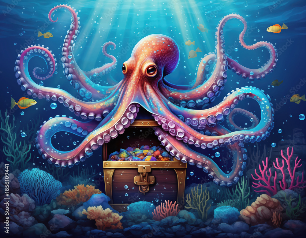 Obraz premium Vibrant digital illustration of a majestic octopus guarding an open treasure chest filled with gems on the seafloor. Perfect for themes of discovery, wealth, hidden mystery, and fantasy.