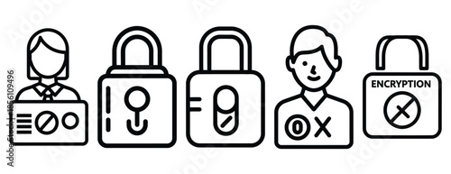 encryption process outline icons collection with multiple styles.