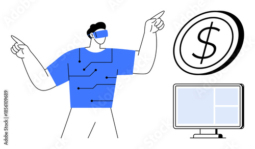 Virtual commerce, financial tech, blockchain, immersive media, digital economy, innovation. Man in VR headset, circuit-themed shirt dollar sign computer monitor. Virtual commerce and financial tech