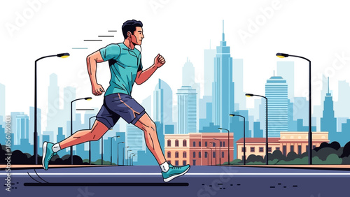 City Runner's Endurance: A determined runner races through the urban landscape, showcasing dedication and physical prowess against the backdrop of a bustling city.